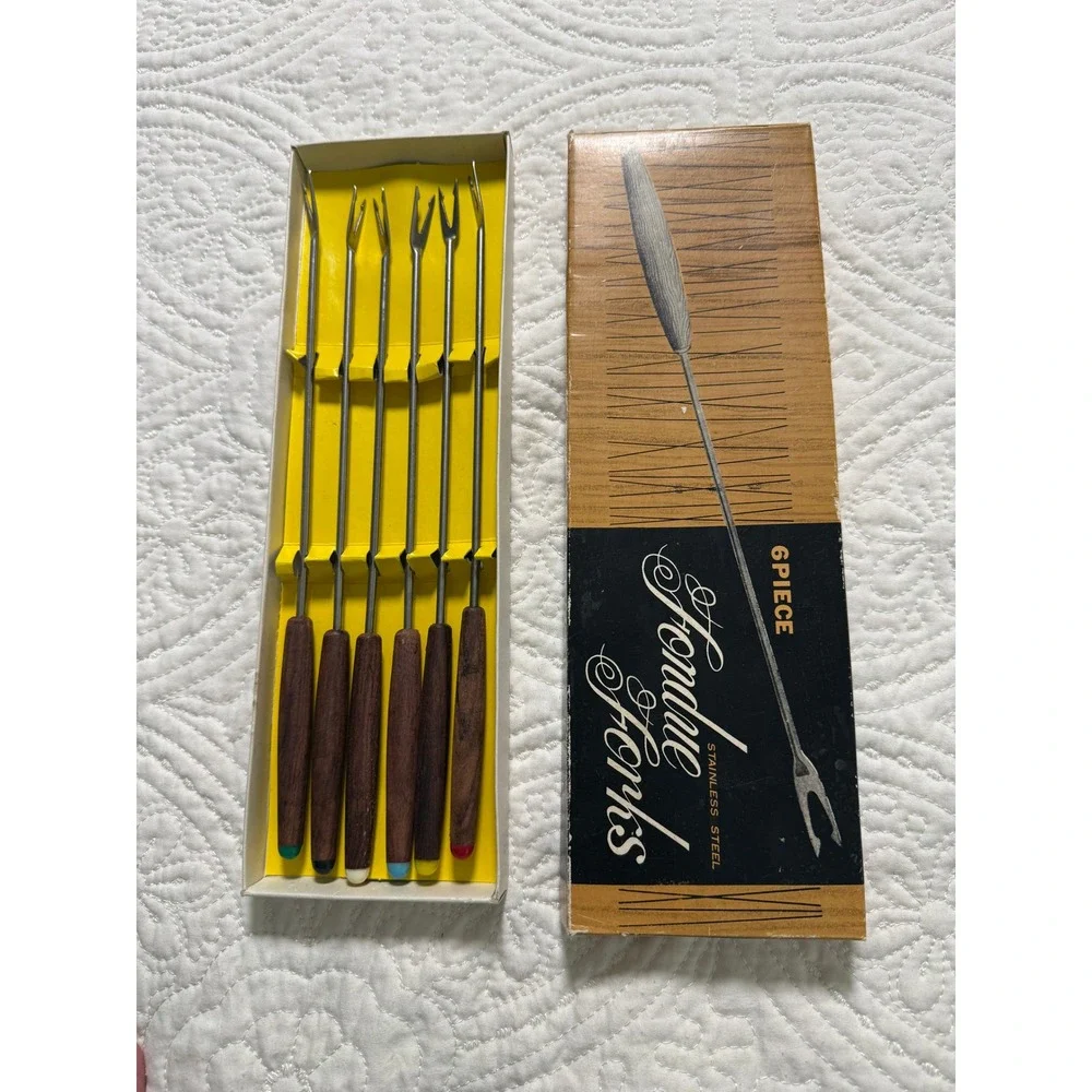 Fondue Forks Vintage Stainless Steel /Wood Multicolor tip 6pc Made in Japan MCM